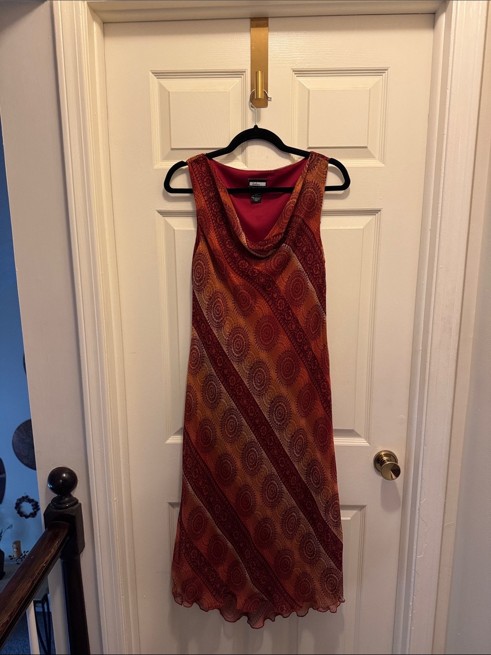 Sleeveless Cowl-Neck Maxi Dress in Red and Orange Spiral Print